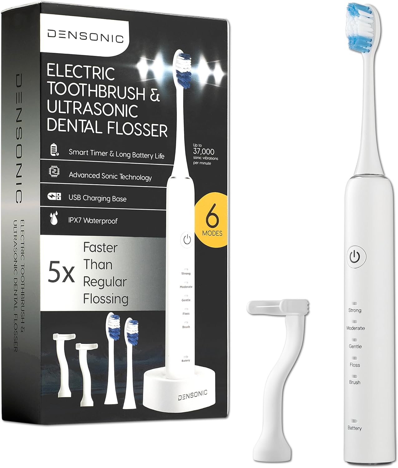 Electric Toothbrush and Flosser Combo Kit | Deep Clean Rechargeable Toothbrush | Easy Gliding Dental Floss for Gentle Gum Care | Cordless Sonic Power | 6 Cleaning Modes | White