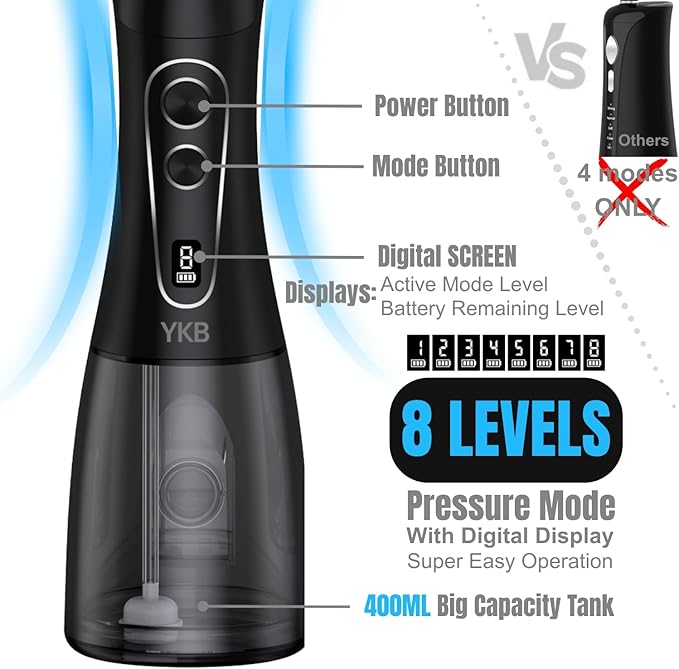 YKB Water Flosser for Teeth, 400ml 8 Modes Portable Water Flosser Cordless with Digital Display, Travel Water Oral Irrigator for Teeth Cleaning & Oral Care Rechargeable IPX7 Waterproof (Black)