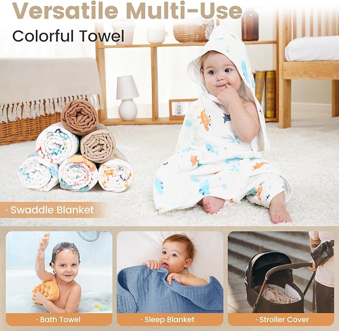 2 Pack Muslin Hooded Baby Bath Towels and 2 Pack WashCloth Set, 36x36 Inch Soft Cotton Bath Towel Baby Wipes Absorbent Bath Face Towels Burp Cloths Face Towels for Girl Boy(Coffee and Apricot)