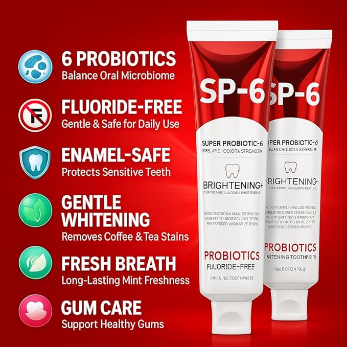 SP-6 Probiotic Whitening Toothpaste - Advanced Deep Stain Removal for Coffee, Tea & Smokers - Natural Teeth Whitener for Sensitive Enamel - Fresh Breath Mint Flavor [2 Pack / 2x100g]