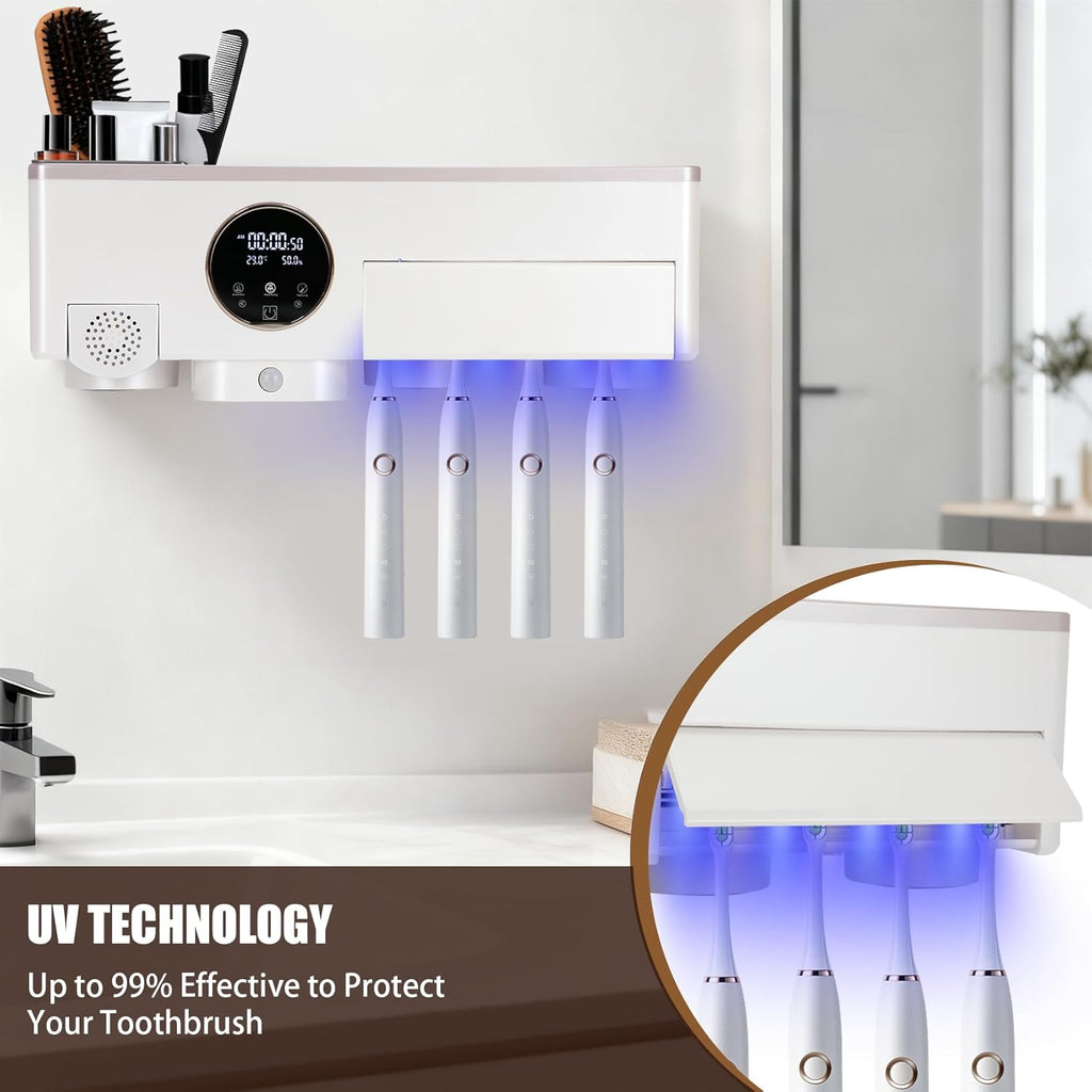 Toothbrush Holder with UV Toothbrush Sanitizer, White Hair Dryer Holder with Timer Function and Touch Screen, Smart Home Bathroom Accessories with Automatic Hand Drying and Sensor Light for Bathroom