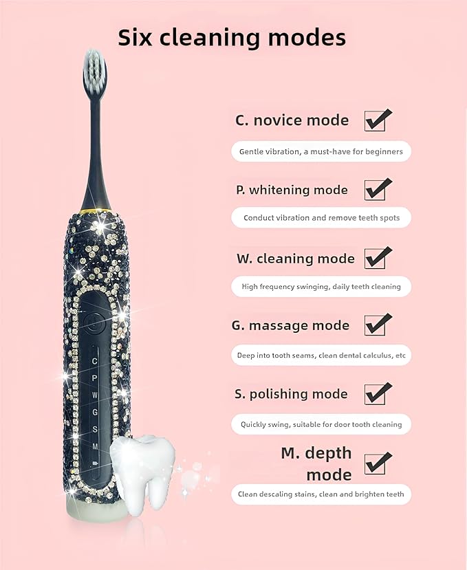 Electric Toothbrush for Woman Bling Diamond Decor Portable Travel Essentials for Couple Gifts Toothbrush with 3 Replacement Heads 6 Modes（Pink & Black