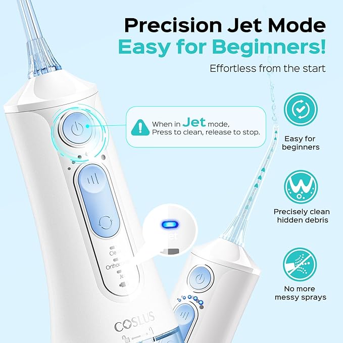 COSLUS Portable Water Flosser for Teeth: 3 Modes & 6 Pressure Settings with Jet Mode Water Dental Pick for Orthodontic, Braces, Sensitive Gums, Compact for Travel, 300ML for Multiple Users, White C51