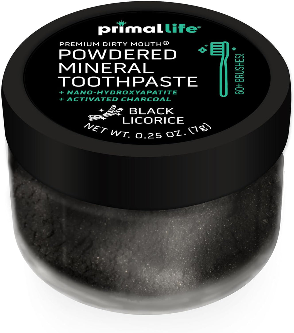 Primal Life Organics - Dirty Mouth Toothpowder, Activated Charcoal Tooth Cleaning Powder, Essential Oils Natural Kaolin Bentonite Clay, 60+ Brushings, Organic Vegan (Charcoal Black Licorice, 0.25 oz)