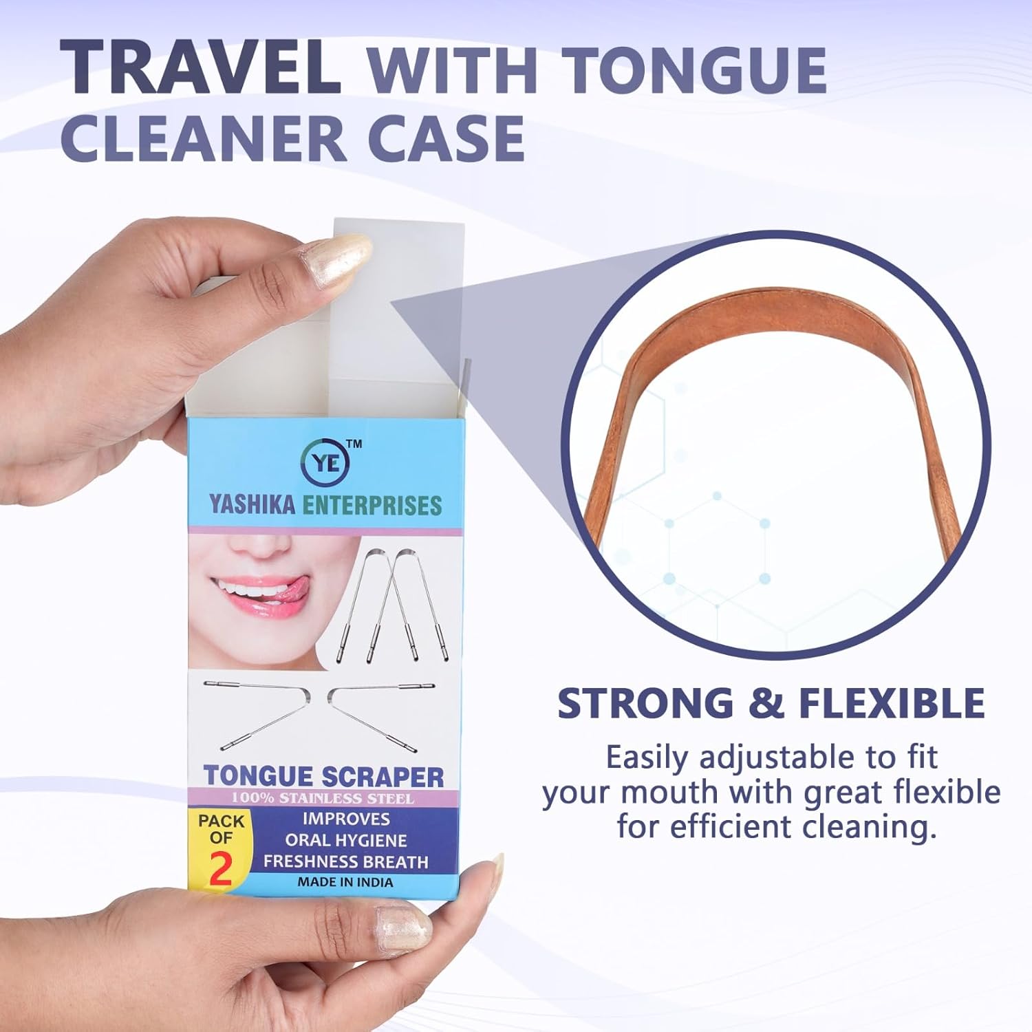 YAHIKA ENT Pure Copper Tongue Scraper for Adults, Tongue Scrubber for Bad Breath, Easy to Use, Tongue Cleaner for Oral Care & Hygiene (Copper Pack of 2 with Travel Case)