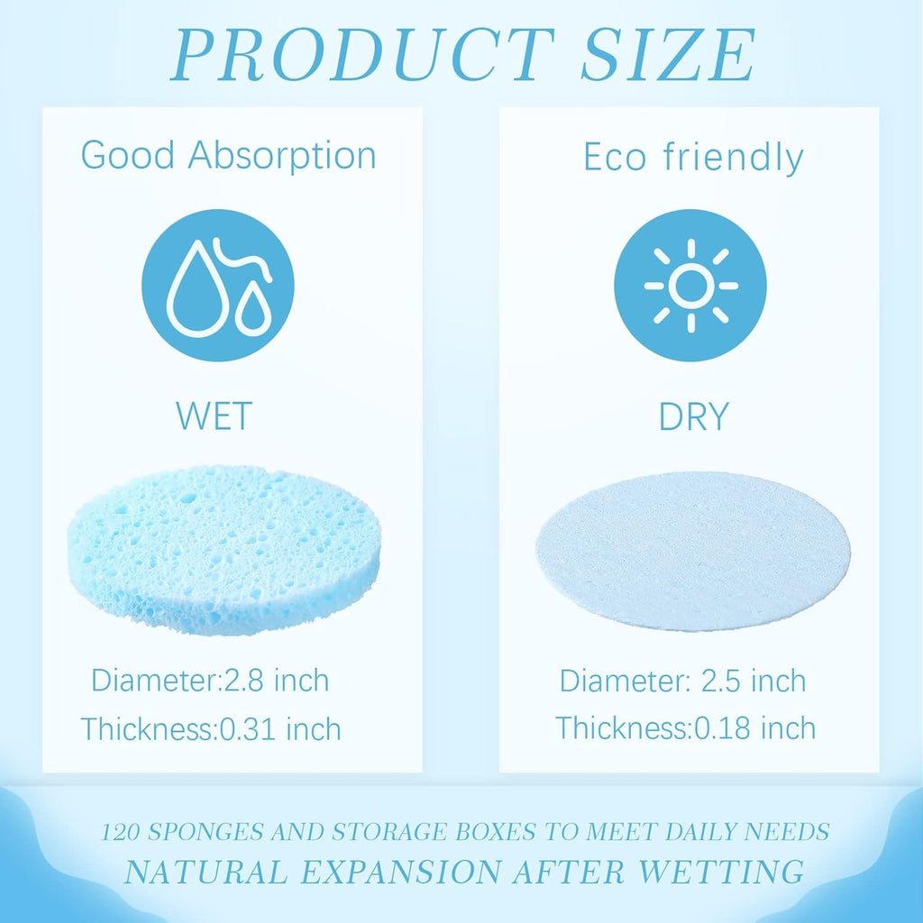 Sieral 120pcs Compressed Facial Sponges Disposable Natural Face Sponges Round Soft Pads with Container for Washing Face Cleansing Exfoliating Esthetician Makeup Removal Travel(Light Blue)