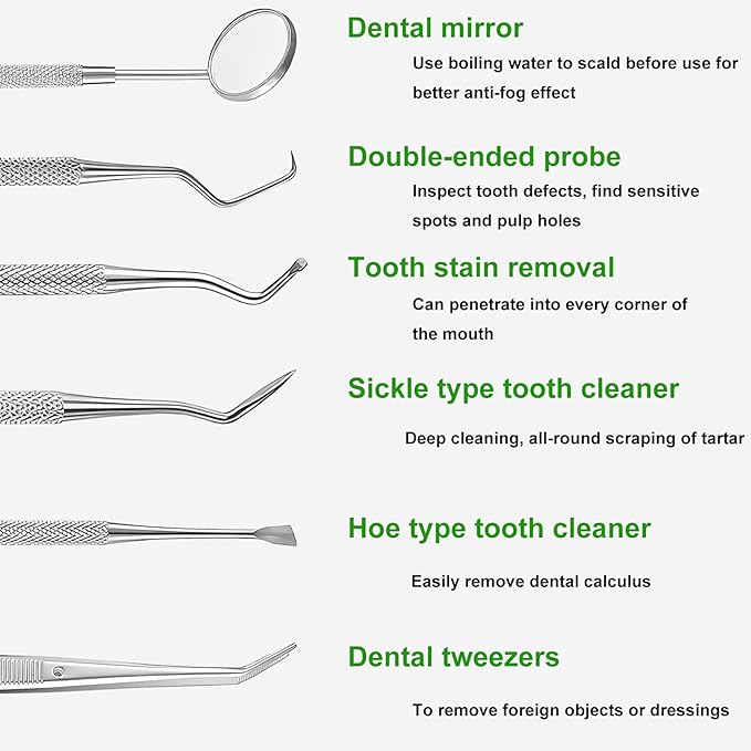 Teeth Cleaner Tool Kit Stainless Steel Plaque Tartar Remover Set of 6 with Metal Case, Tweezers, Oral Mirror, Teeth Cleaner, Probe, Stain Remover