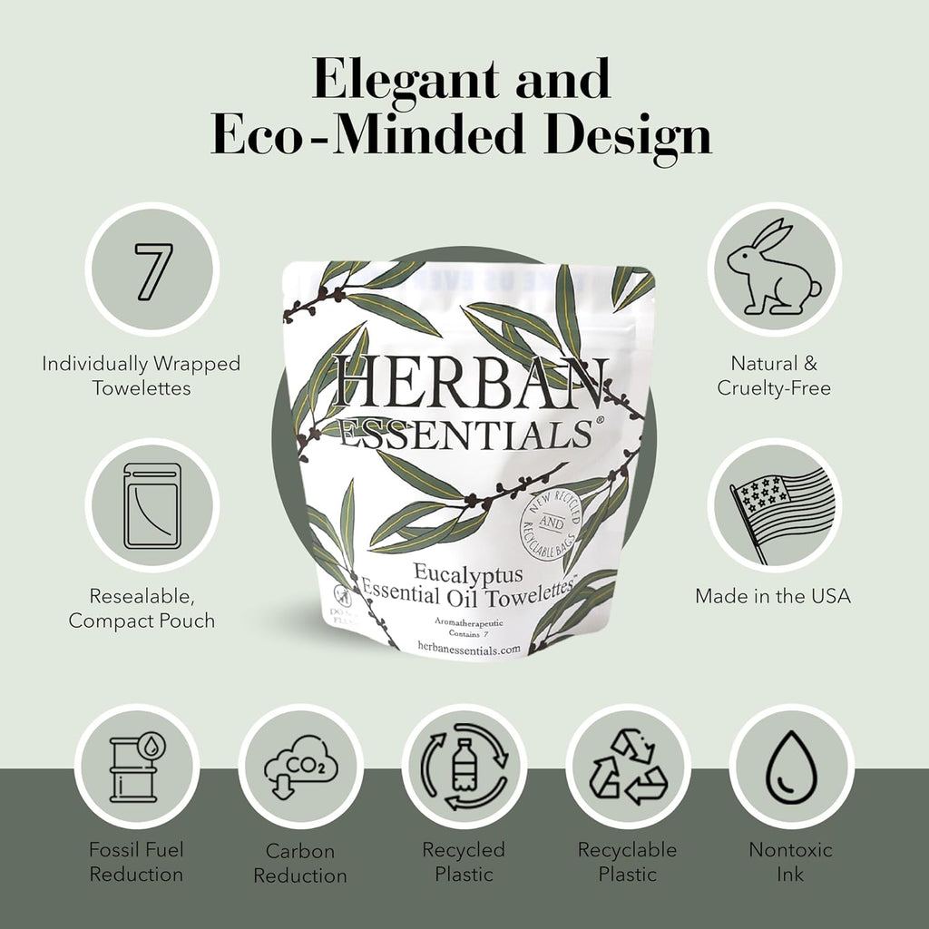 Herban Essentials - Eucalyptus Wipes & Towelettes - Essential Oil Wipes for Hands & Body - Travel Size Essentials and Toiletries - Natural, Individually Wrapped, Disposable & Moist Refresh (7 count)
