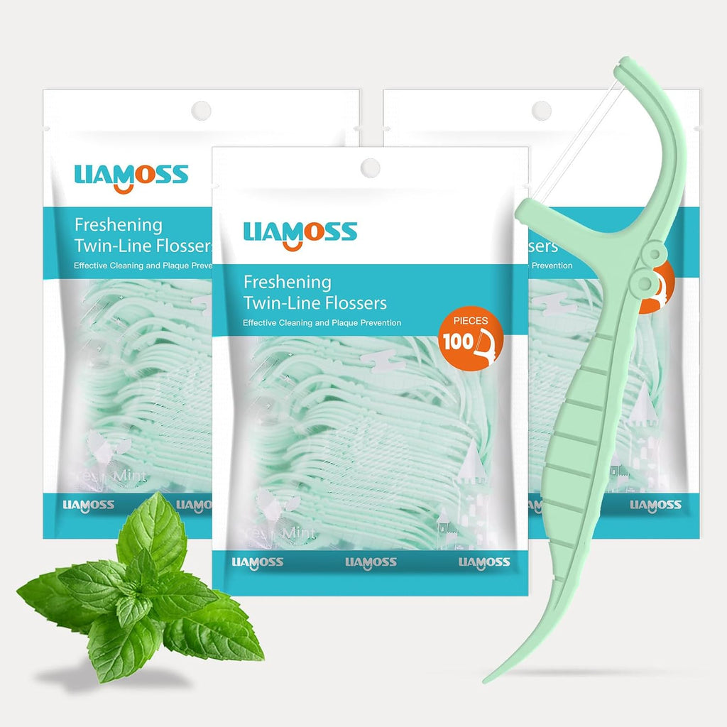 Twin Line Dental Floss Picks,300 Count Mint Flavor Dental Flossers,No Break No Shred Tooth Picks Sticks,Double Clean for Food Debris,Perfect Clean Teeth for Traveling and Outgoing(Mint,3Pack)