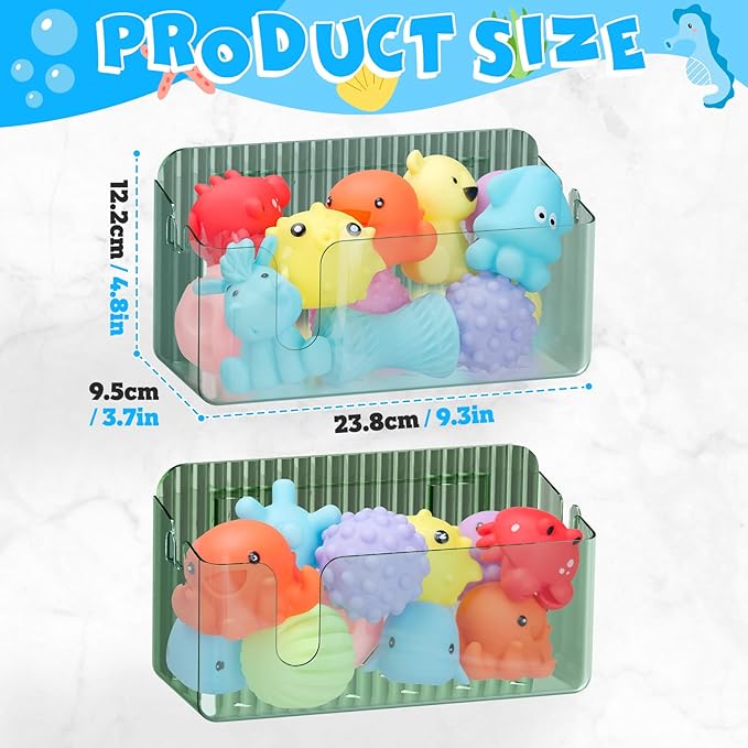 2-Pack Clear Bath Toy Storage Holder Organizer, Large Capacity Durable Plastic Bathtub Shower Caddy with Drain Holes, Quick-Dry Drainable Easy Install (Transparent Green 2-Pack)