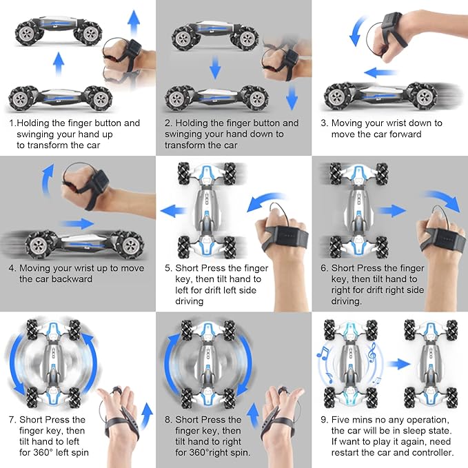 1:10 Scale Gesture Sensing Rc Stunt Car, 4WD Remote Control Hand Controlled Transform , Double Sided Vehicle 360° Spins with Lights Music, All Terrains Monster Truck for Boys Kids