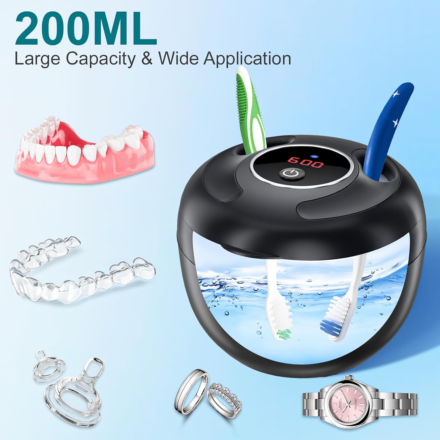 Ultrasonic Retainer Cleaner Machine, 200ML Ultrasonic Cleaning Pod with 4 Modes, Digital Timer for Denture Cleaner, Aligners, Mouth Guards, Braces, Jewelry & Toothbrush Heads