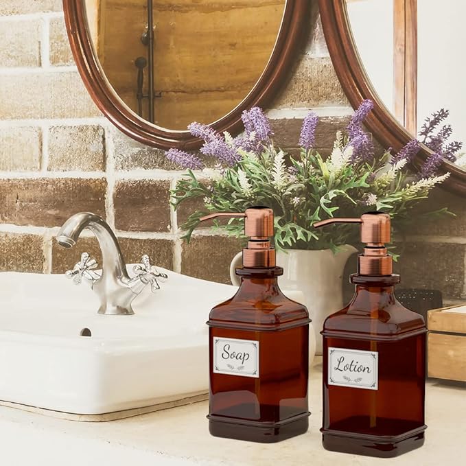 GLADPURE Soap Dispenser 2 Pack, Hand Soap Dispensers with 18 Oz Antique Design Thick Amber Glass Bottle, 316 Rust Proof Stainless Steel Pump, 6Pcs Stickers, for Lotion, Soap - Brushed Copper