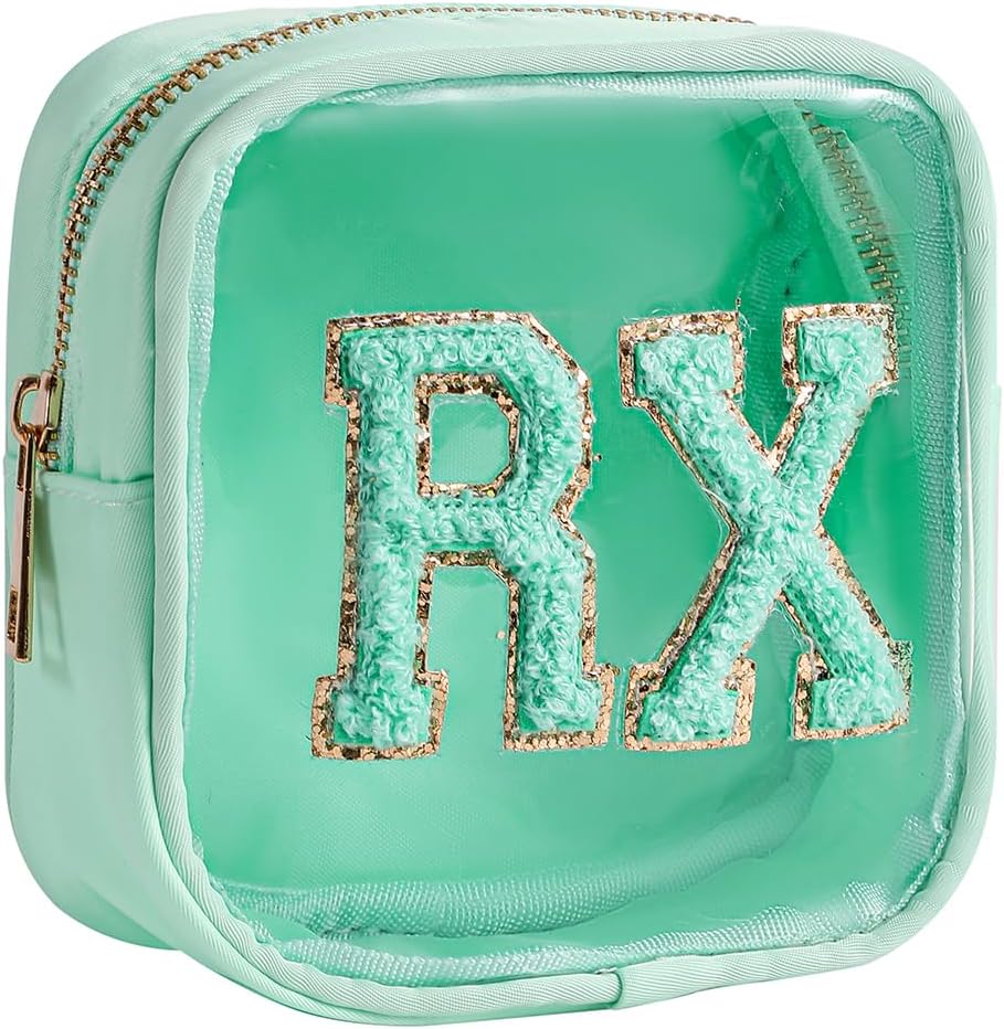 Small Chenille Letter Clear Medicine Makeup Bags,Nylon PVC Waterproof Rx Pouch with Metal Zipper, Cute Drug First Aid Travel Organizer for Women Girls(01Mint)