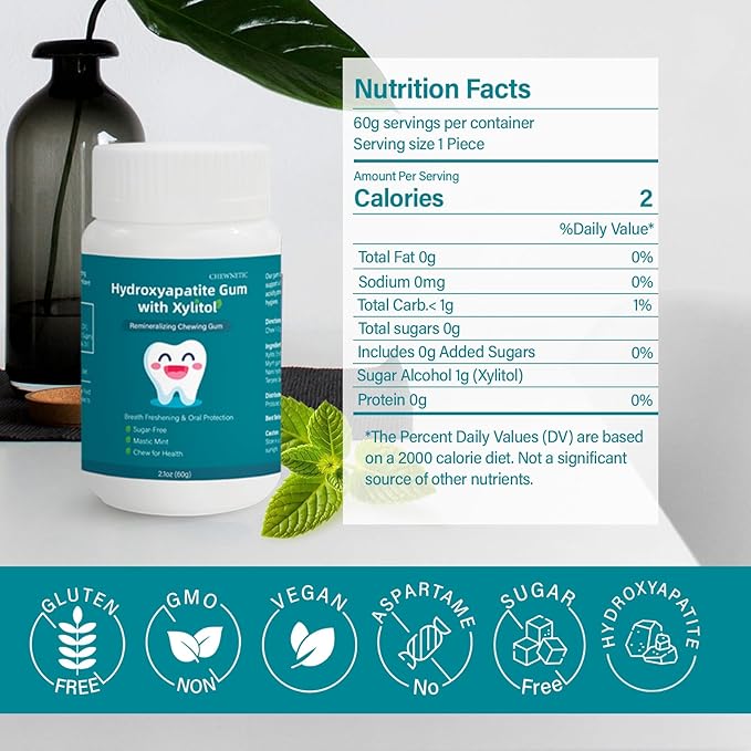 Remineralizing Gum with Hydroxyapatite - Sugar-Free Enamel Repair & Fresh Breath, Natural Oral Care with Xylitol