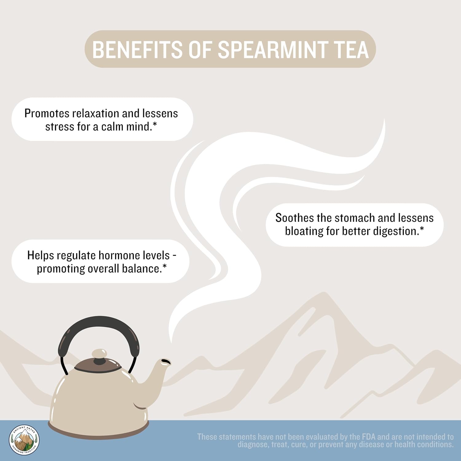 Ancient Paths Spearmint Herbal Tea - Hormone Balance & Gut Support - 100% Pure Dried Spearmint Leaves - Caffeine-Free Tea - Sustainable Tea Bags & USA Grown (20 Sachets)