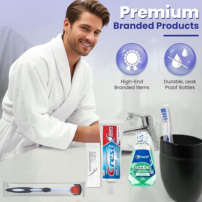 Trektote Travel Toothbrush and Toothpaste Set - 6 Piece Dental Care Kit, TSA Compliant, Includes Toothpaste, Toothbrush, Mouthwash, Tongue Cleaner, Flosses and Premium Toiletry Bag