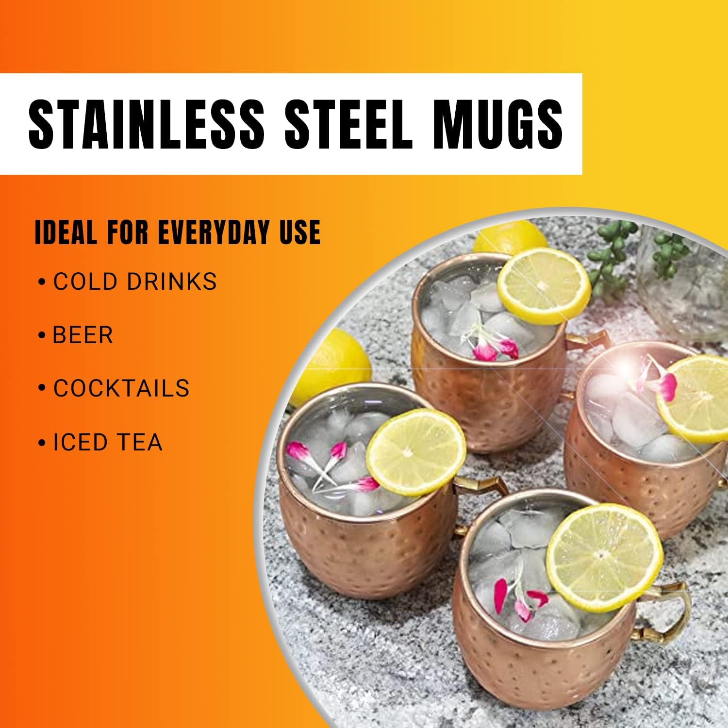Artisan's Anvil Moscow Mule Mugs with Straws, Comfortable Brass Handle, Stainless Steel Made, Original Hammered Shape, Copper Plated, Set of 4