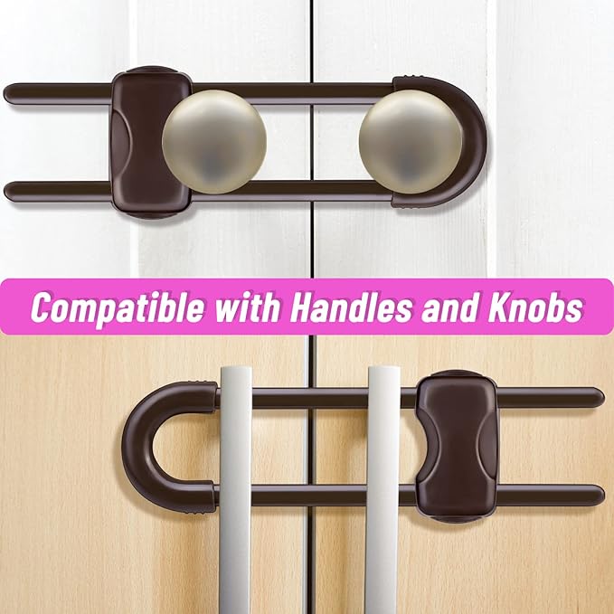 12 Packs Baby Proofing Sliding Cabinet Locks modacraft U-Shaped Child Safety Latches Adjustable White Locks for Handles Knobs Drawers Closet Cupboard - Brown