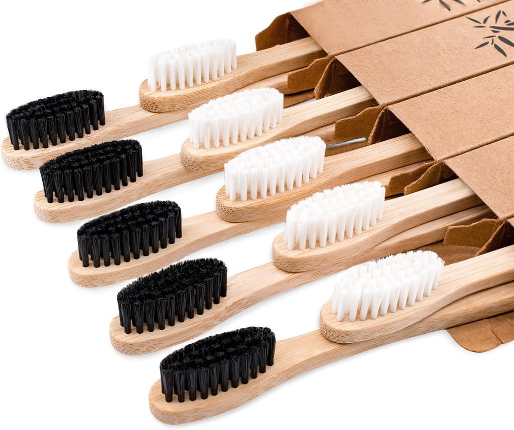 Bamboo Toothbrushes Medium Bristles for Adult, 10 Pack Family Bulk Toothbrushes Set Natural Organic Wooden Tooth Brush Charcoal Wood Handle Tooth Cleaning Brush Black White
