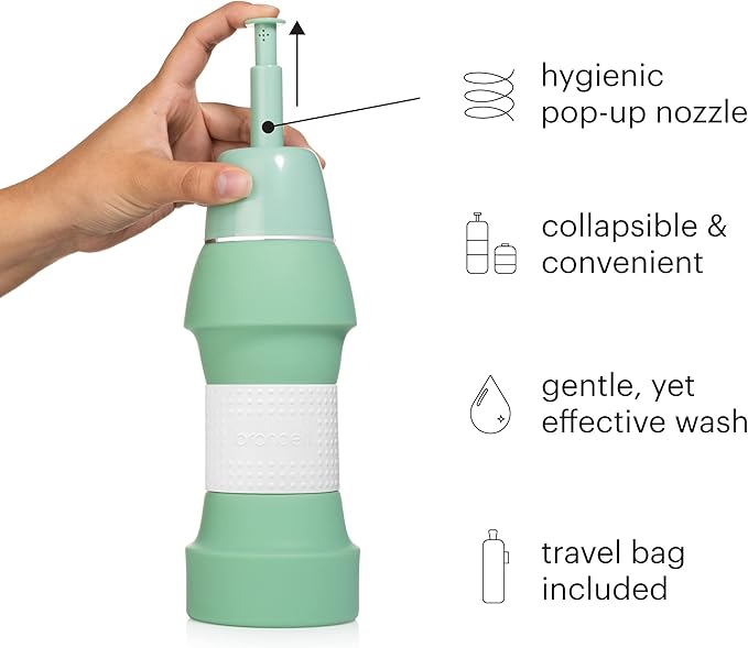 Brondell Bidet GoSpa Portable Peri Bottle, Collapsible Travel Bidet, Compact and Discreet, with Travel Bag for Postpartum & Perineal Care, 500ml, in Green