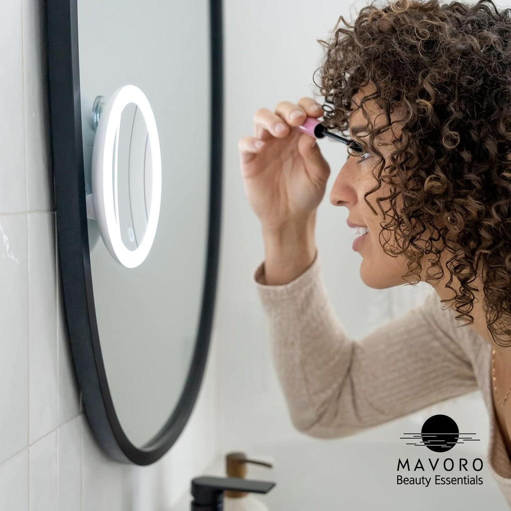 Mavoro 6.8" LED Magnifying Mirror with 3 Strong Suction Cups | 10X Magnification | Portable Lighted Travel Makeup & Cosmetic Mirror with Light (4 AAA Battery Operated |10X)