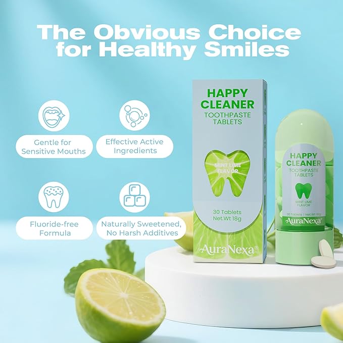 Happy Cleaner Toothpaste Tablets – Watermelon Mint Flavor, Fluoride-Free Chewable Toothpaste, Nano Hydroxyapatite, Travel-Friendly & Eco-Conscious, 30 Tablets