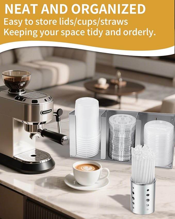 Stainless Steel Cup Dispenser,3 Compartments Cup Holder and Lid Holder with Adjustable Dividers,Cup Organizer for Kitchen Cabinets Cafe Shop Restaurant,Includes Straw Holder