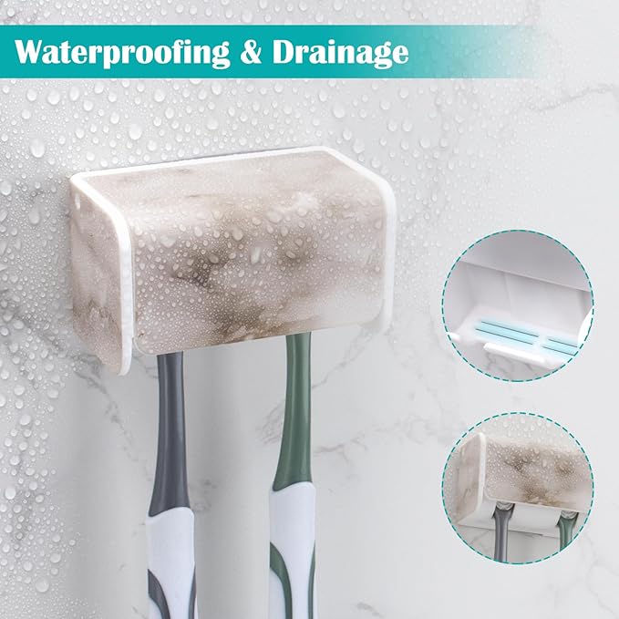 2 PCS Toothbrush Holders Wall Mounted with Cover, Electric Tooth Brushing Holder for Bathroom, 2 Slots Self Adhesive Toothbrush Organizer, Toothbrush Stand for Family, Kids (2, White Marble)