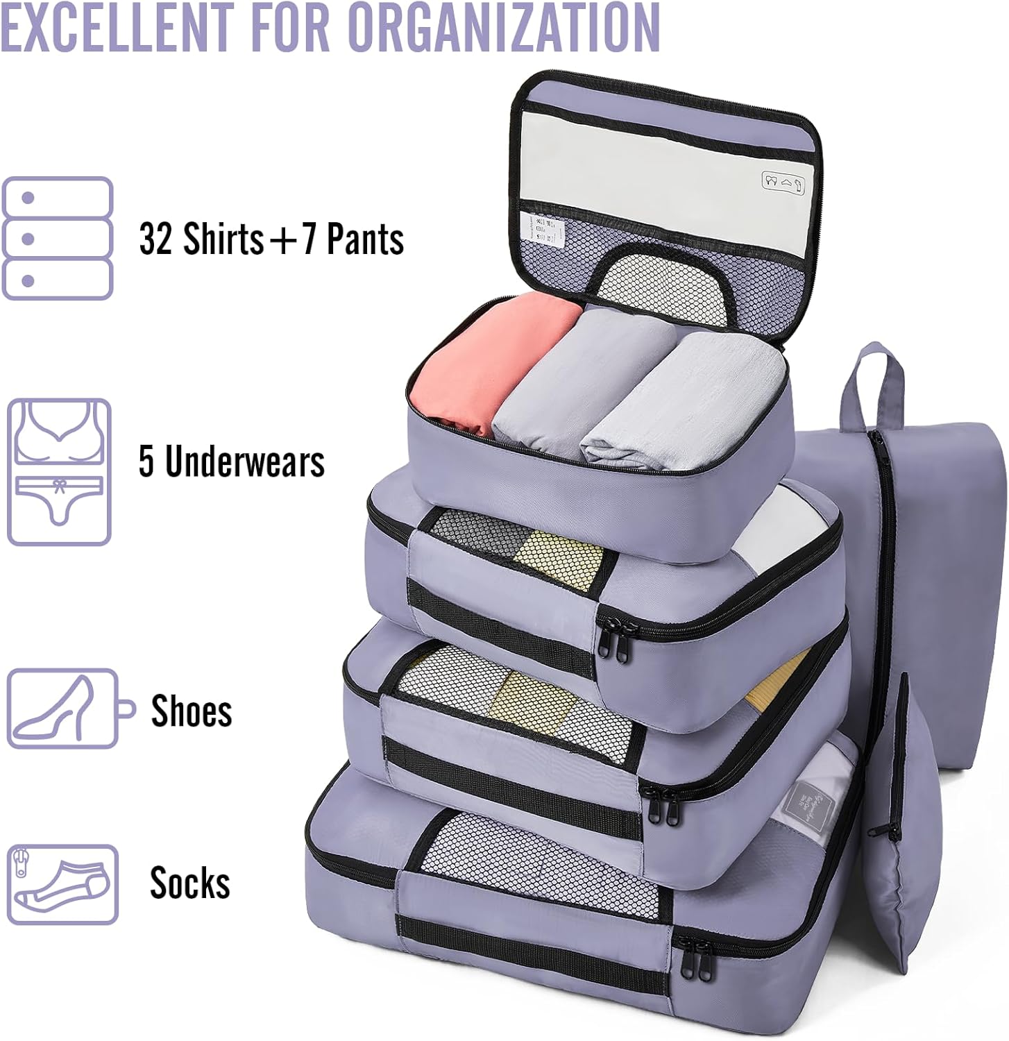 Veken 8 Set Packing Cubes for Travel Essentials, Suitcase Organizer Bags in 4 Sizes, Carry-On Luggage Accessories with Large Laundry & Hanging Toiletry Bag, Must-Have for Airplane, Road Trip & Camping