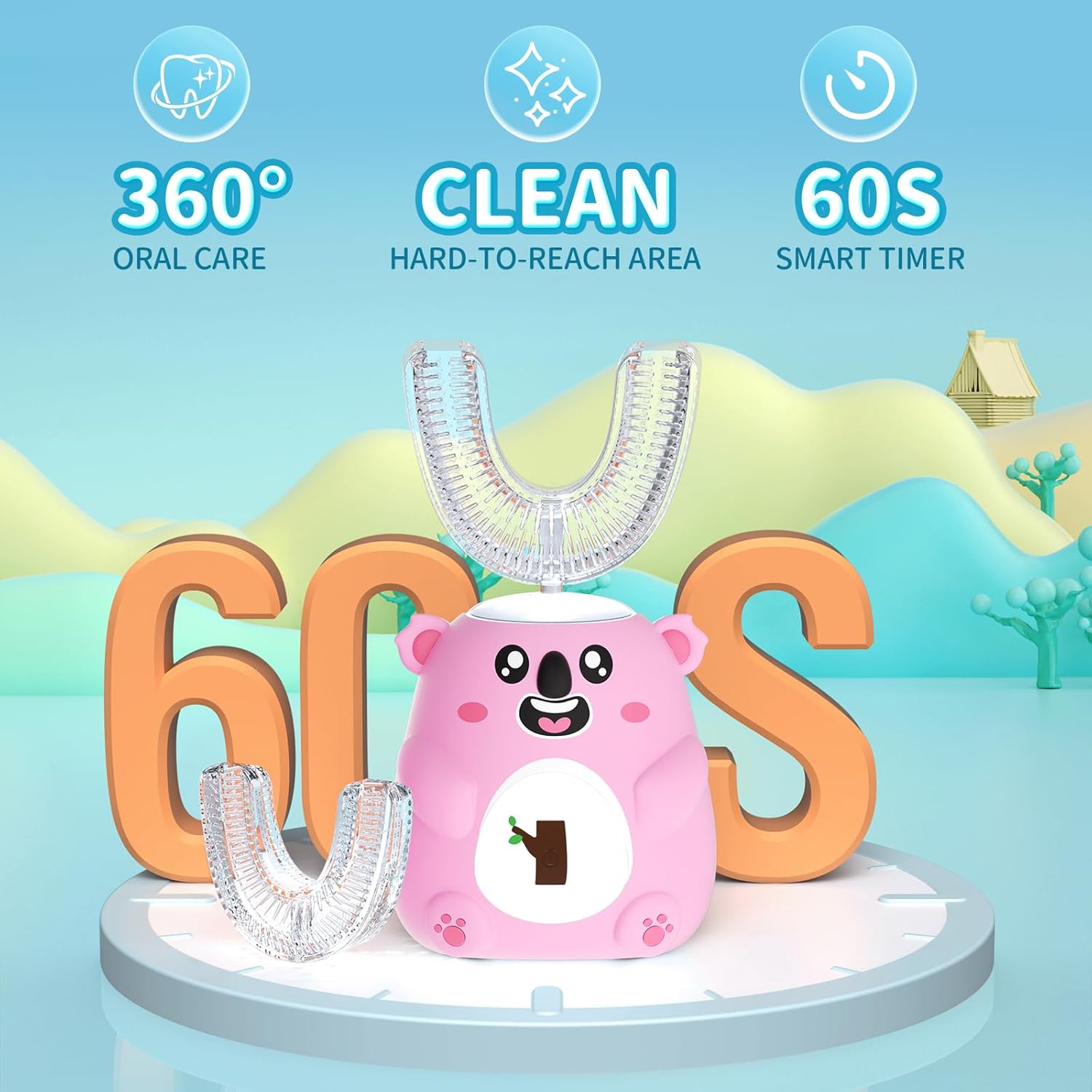 Kids U Shaped Electric Toothbrush, Automatic 360° Sonic Cleaning, 6 Modes, 4 Brush Heads, Cute Cartoon Koala Design (2-6 Age (Pink))