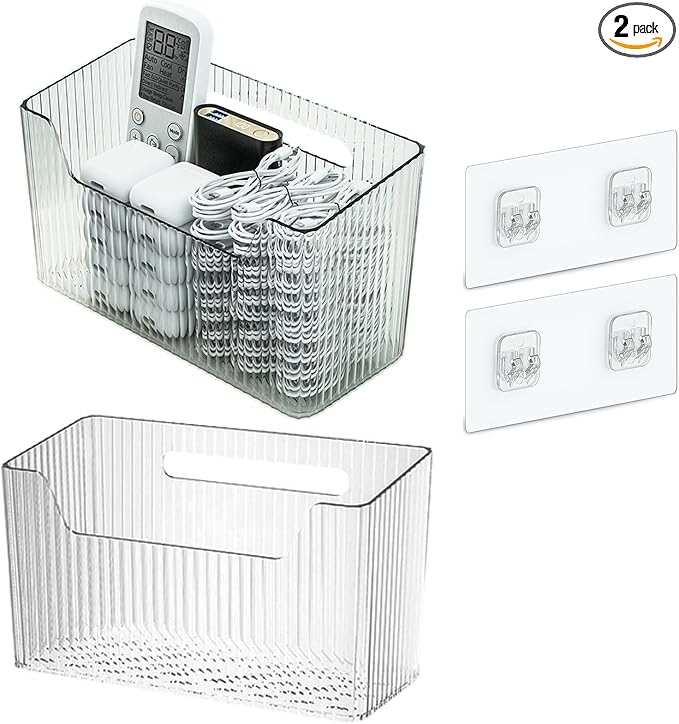 Set Of 2 Storage Organizer Bins Wall Mounted Shower Basket, Shower Caddy Stackable Clear Plastic Makeup Organizer Adhesive Hanging Bin for Bathroom, Kitchen, Cabinet, Pantry, BPA Free, Clear