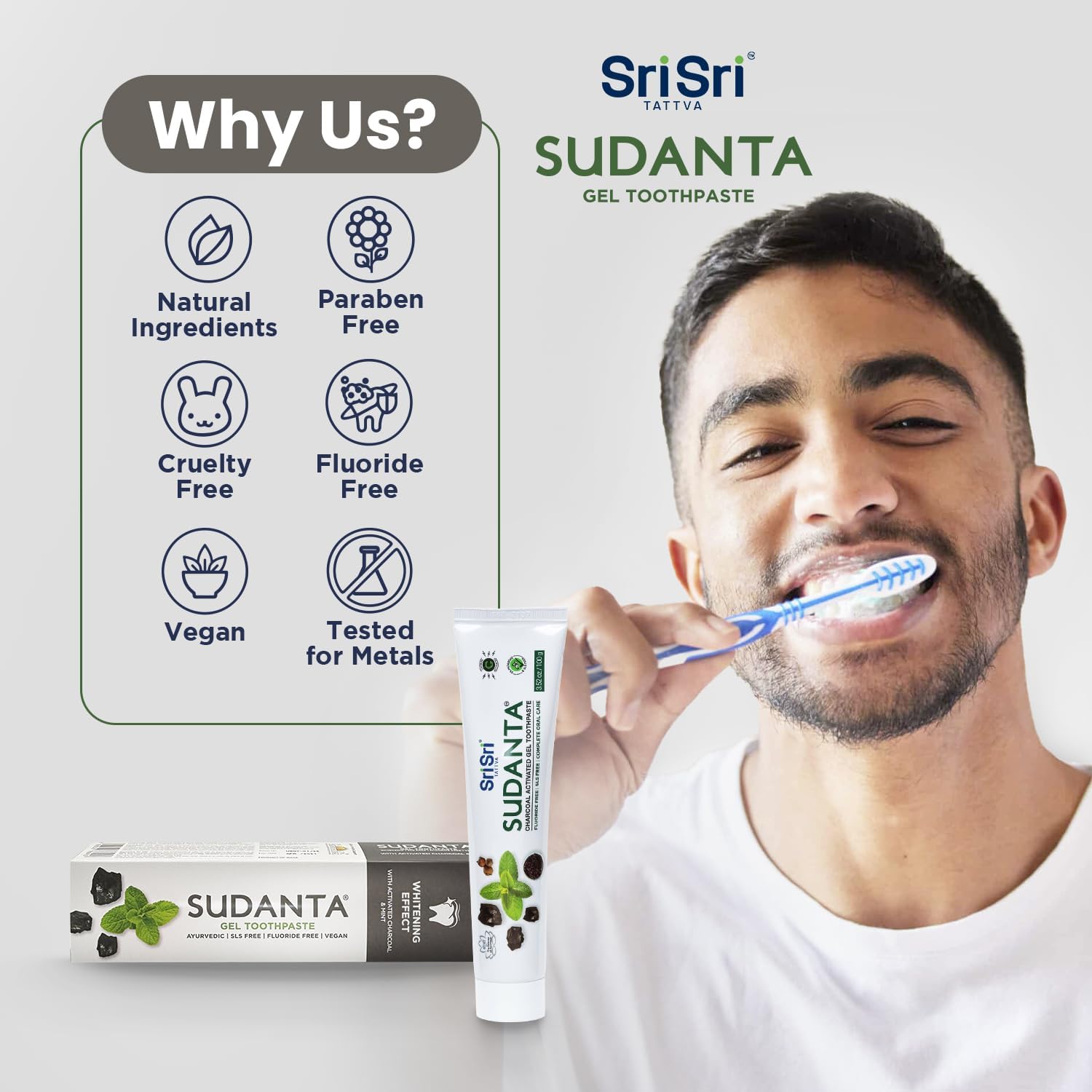 Sri Sri Tattva Sudanta Charcoal Toothpaste Gel – SLS, Fluoride Free Herbal Toothpaste with Neem & Ayurvedic Herbs – Natural Teeth Whitening, Fresh Breath, Oral & Gum Health – 100g Tube (Pack of 1)
