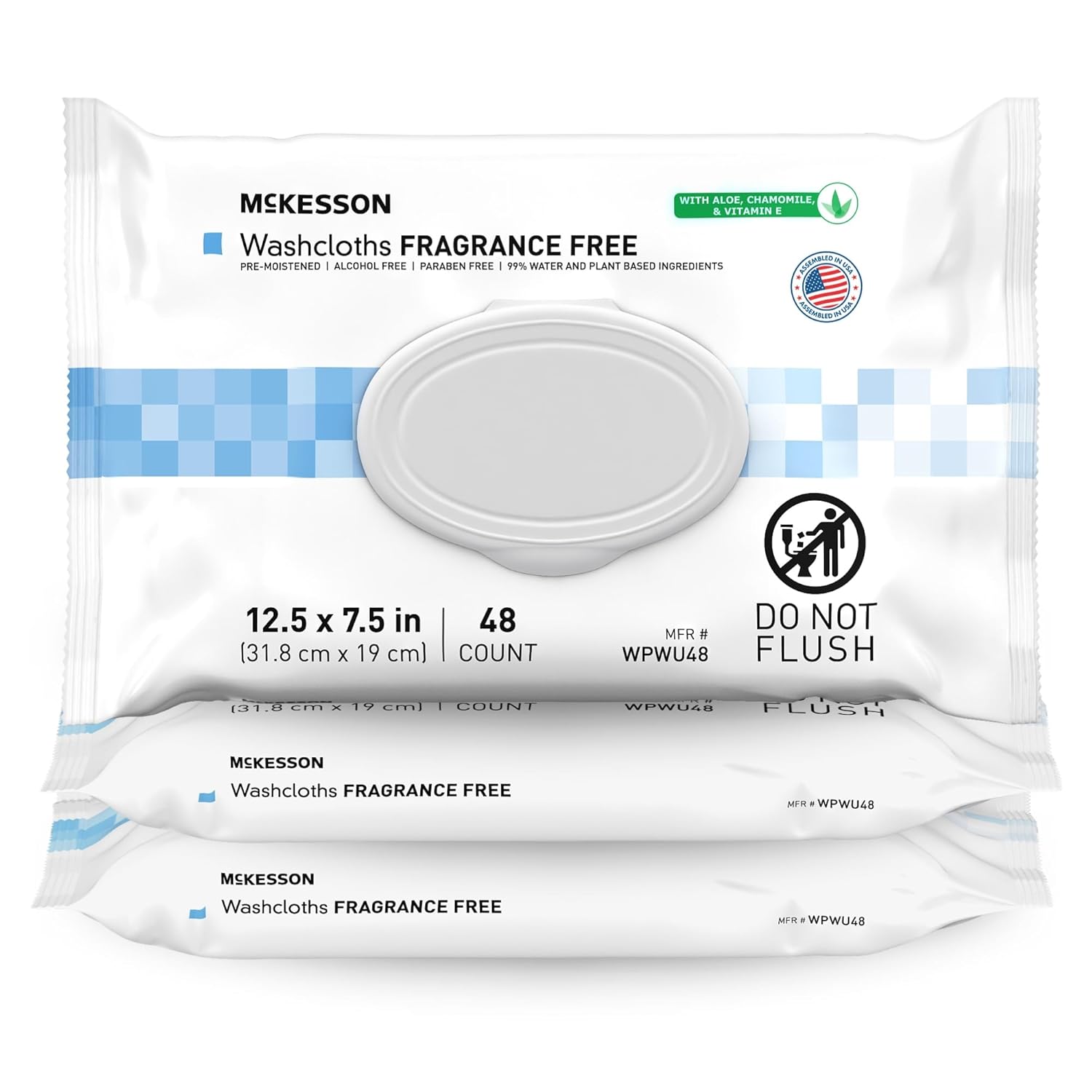McKesson Washcloth Wipes for Adults, Unscented (3 Pack, 144 Washcloths) Disposable Wash Cloths for Body - Fragrance-Free No-Rinse Formula - Good for Incontinence and Elderly - 48 Wipes Per Pack