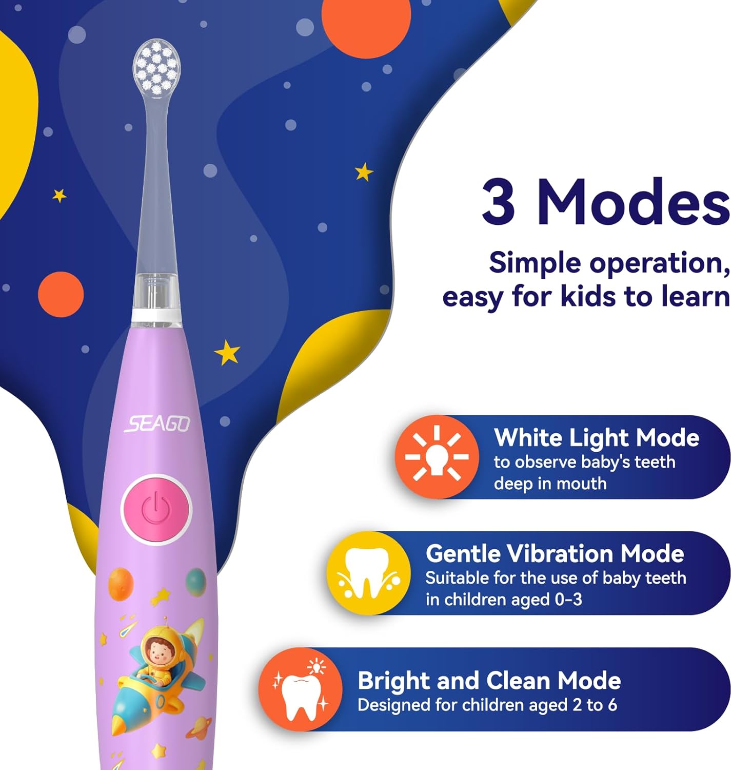 SEAGO Kids Electric Toothbrush Rechargeable with Smart Timer, LED Observing Light & DIY Stickers for Toddlers Ages 2-4, Soft Bristles for Oral Care, USB Charging (Pink)