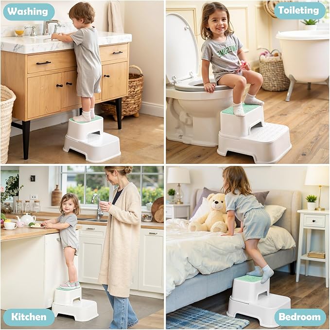 2-Step Stool for Kids - Toddler Anti-Slip Step Stool for Bathroom Sink/Toilet Potty Training/Kitchen Counter, 10" Height, 220 lbs Capacity, Durable & Stable (2Packs Green)