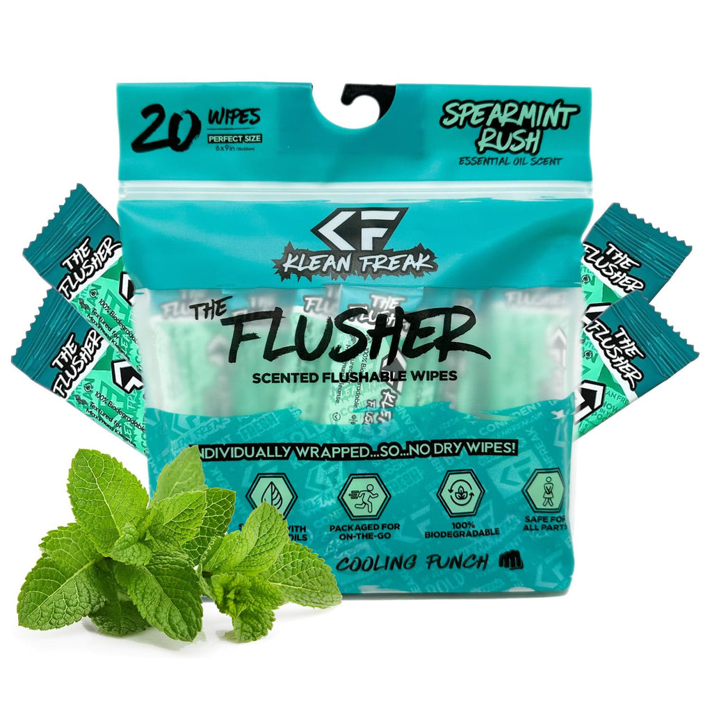 THE KLEAN FREAK FLUSHER - Flushable Wipes For Adults & Kids - 100% BIODEGRADABLE Individual Wrapped Travel WET Wipe for Toilet - Soothing Aloe & Witch Hazel - Alcohol Free 20 Pack - Spearmint Rush