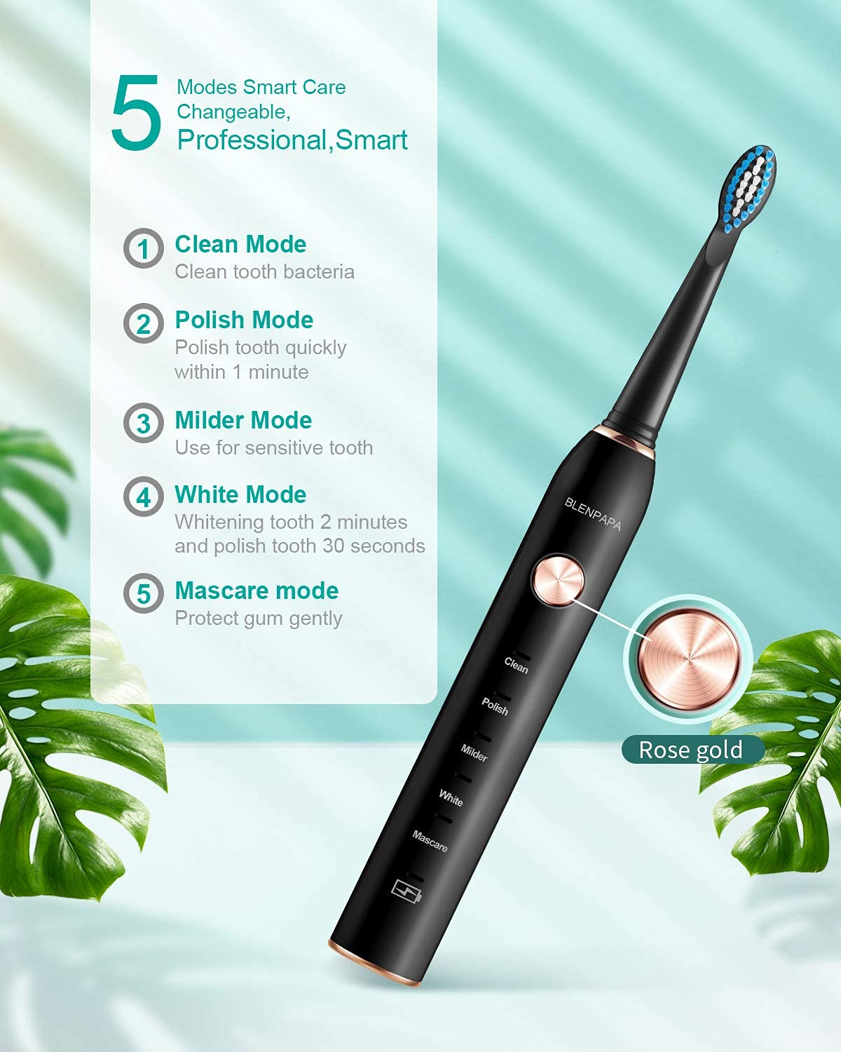 Teeth & Gums Care Electric Toothbrush, IPX7 Waterproof Sonicare 38000VPM, Fast Charge Long Last with Intelligent Time Reminder 5 Optional Modes Dupont Brush Heads, Travel, Indoor, Outdoor, Black