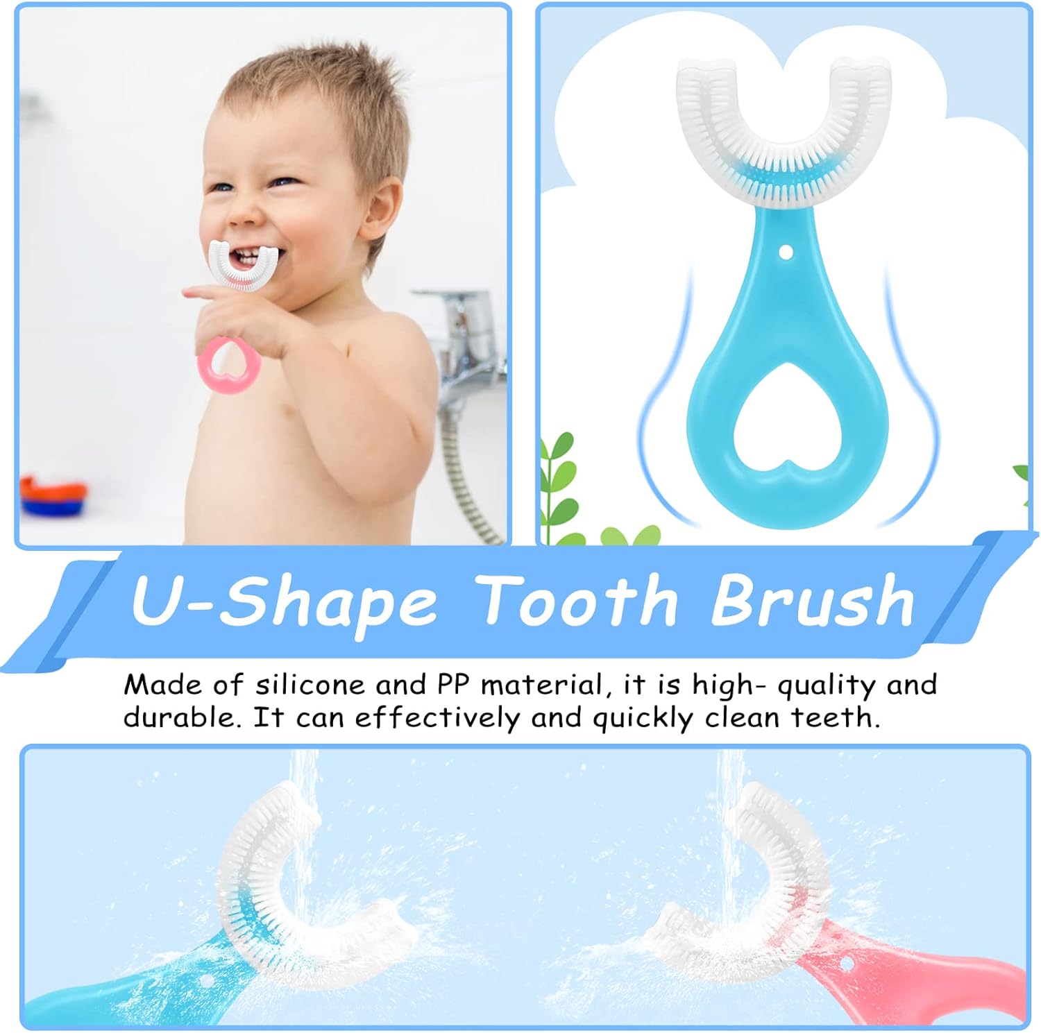 4 Pack U Shaped Toothbrush Kids, Soft Silicone Brush Head Whole Mouth with Handle 360 ° Oral Teeth Cleaning Design for Toddler Toothbrushes Age 2-6