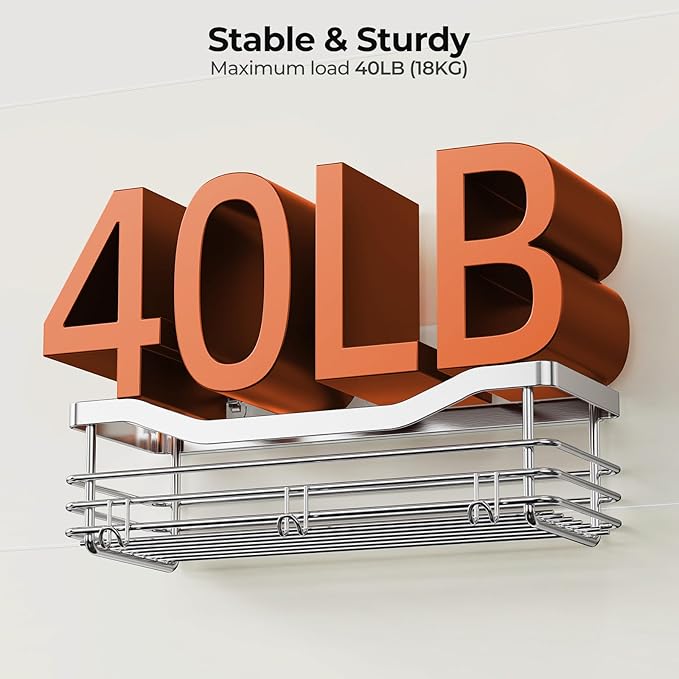 Orimade Shower Caddy Basket Shelf with 5 Hooks Adhesive Organizer Storage Rack Rustproof Wall Mounted Stainless Steel No Drilling for Bathroom, Toilet, Kitchen - 2 Pack