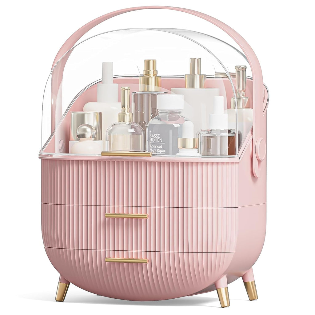 Makeup Organizers, Make Up Organizer for Vanity, Countertop Cosmetic Storage with Drawers and Transparent Cover for Bedroom Bathroom, Pink