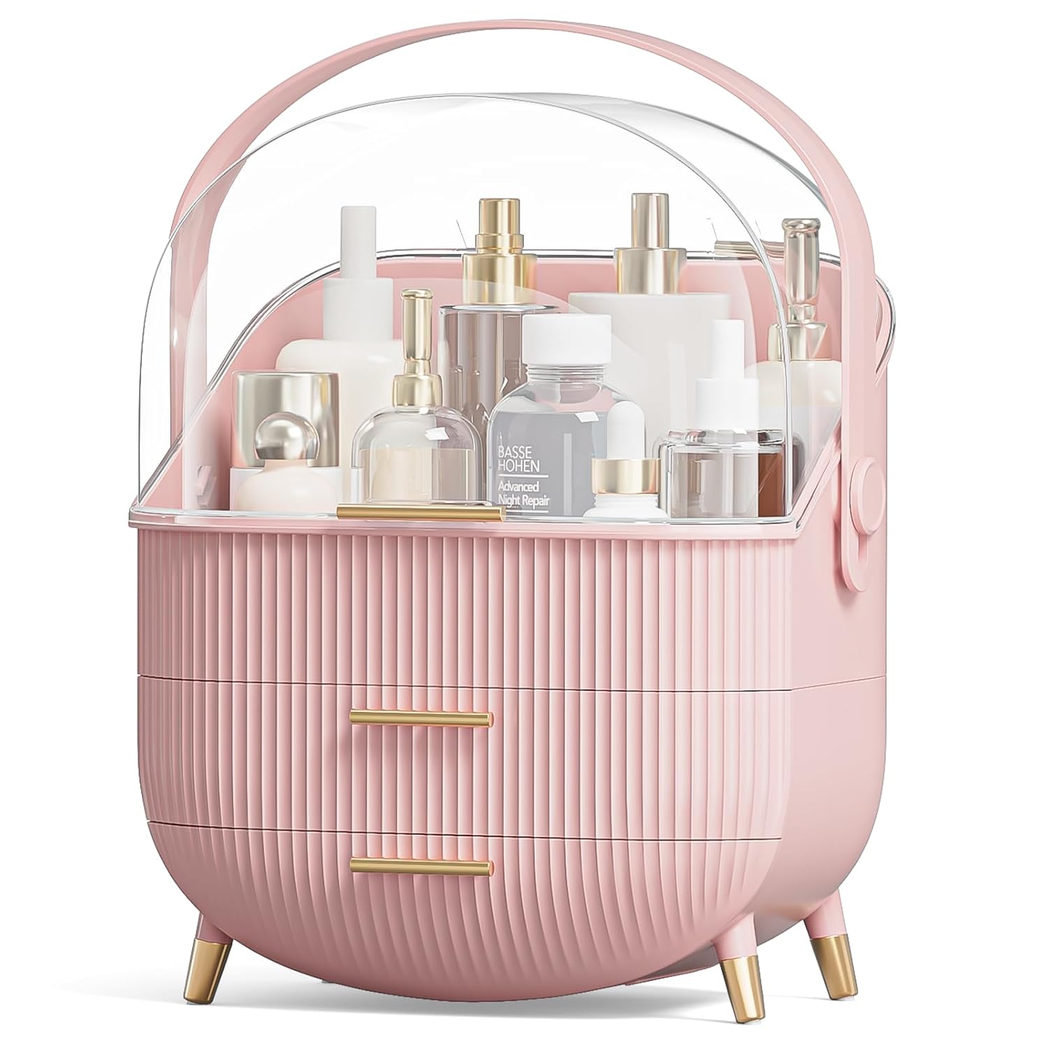 Makeup Organizers, Make Up Organizer for Vanity, Countertop Cosmetic Storage with Drawers and Transparent Cover for Bedroom Bathroom, Pink