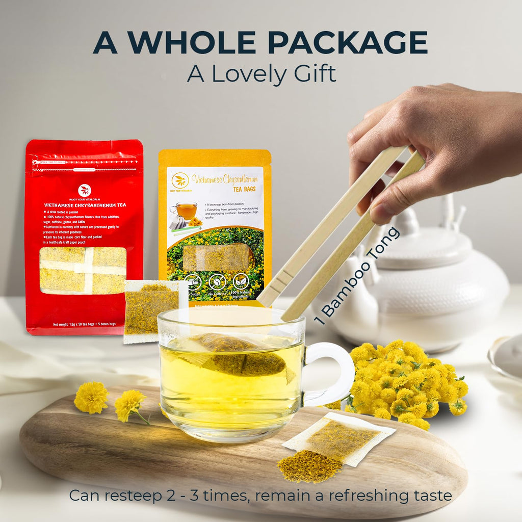Vietnamese Chrysanthemum Tea Samplers - 10 Count + Bamboo Tong, No Sugar Added, No Caffeine, Re-Steep Chrysanthemum Floral Scent Herbal Tea for Detox, Refreshing, Relax