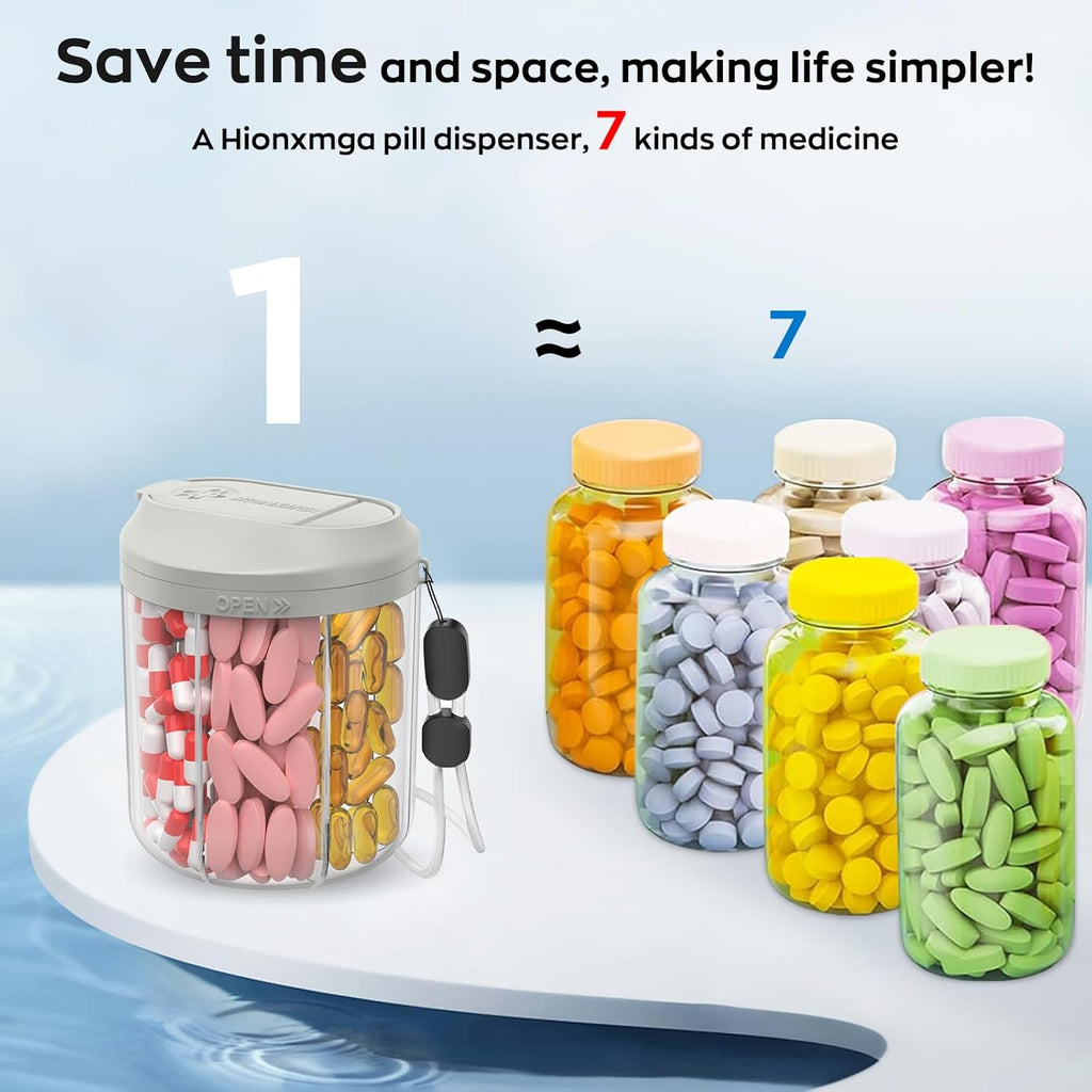 Pill Dispenser with 7 Large Compartments, Pill Organizer for Travel, Supplement Organizer with Anti-Mixing Design, BPA-Free Pill Container with 20 Pcs Labels, Black+ Grey