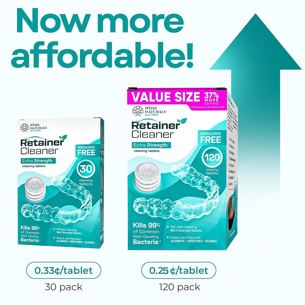 Weiss Naturals Retainer Cleaner Tablets, Invisalign Cleaner, Remove Stains, Odors & Plaque, PERSULFATE FREE Night Guard & Denture Cleaner 4-Month Supply, 120 Mint Scented Tablets