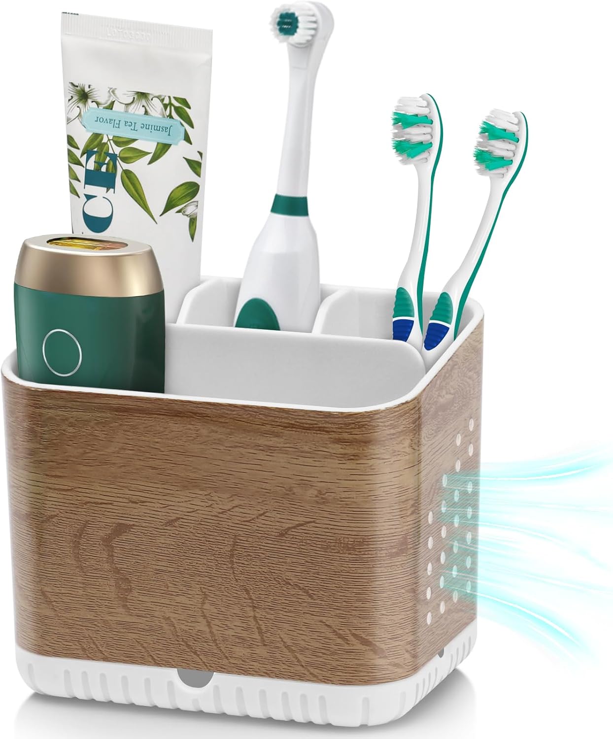 Toothbrush Holders for Bathrooms, Kids Electric Toothbrush and Toothpaste Holder, Toothbrush Caddy Organizer, 4 Slots Tooth Brushing Stand for Bathroom Organizer Countertop (Wood Grain)