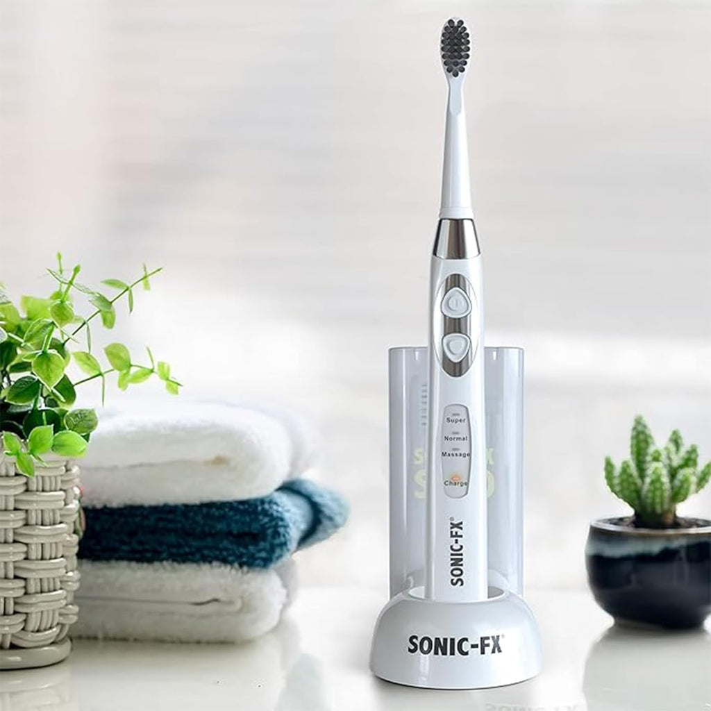 Sonic-FX Solo Sonic 3 Brushing Modes Toothbrush with Smart Timer, Rechargeable Charging Dock | Electric 1 Interdental and 2 Tooth Brush Heads Toothbrush Includes Replacement of Heads, White
