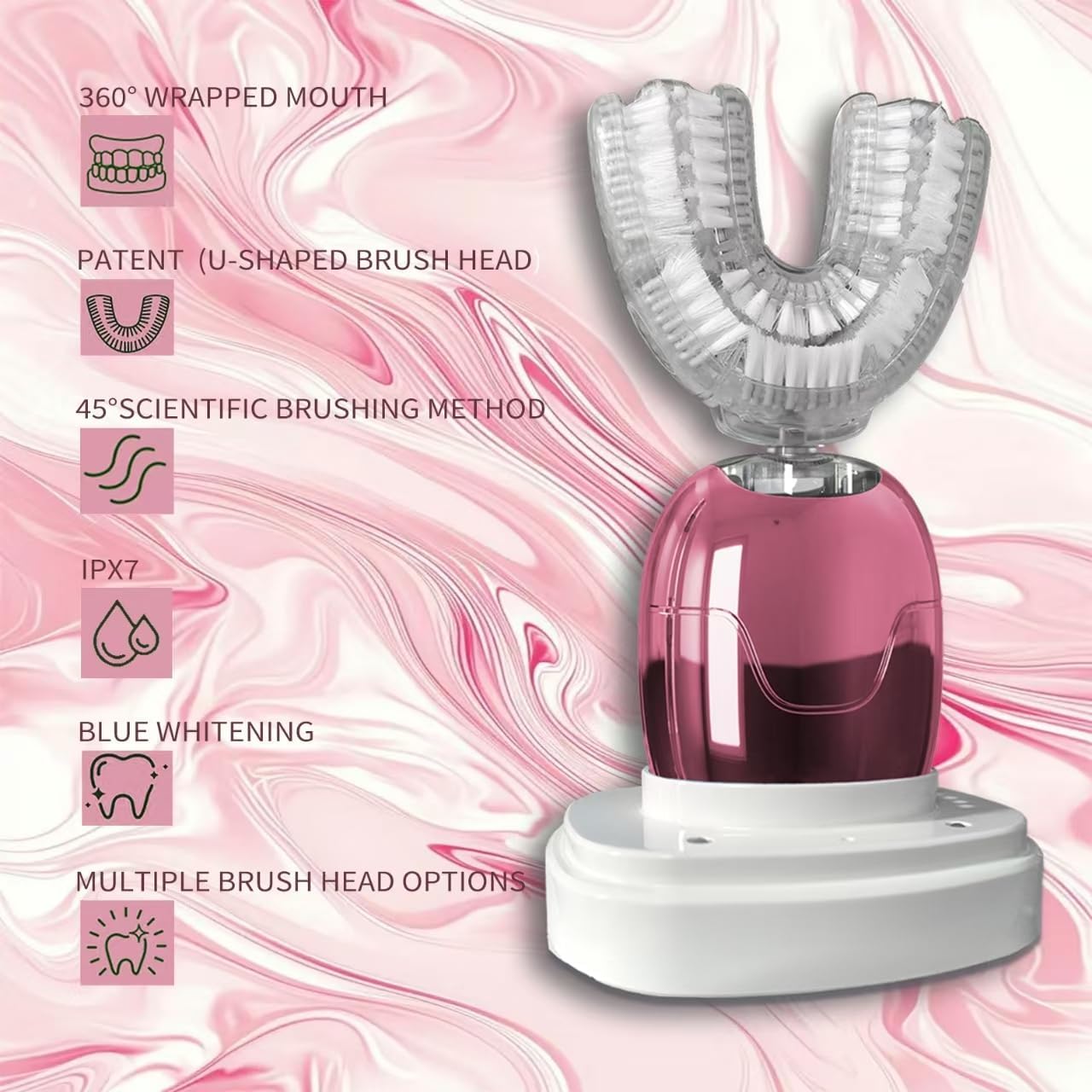 360° U-Shaped Toothbrush, Electric Toothbrushes for Adults, Multiple Brush Heads Options, Blue Light Whitening, IPX7 Waterproof, 360° Cleaning Suitable for People with Limited Mobility