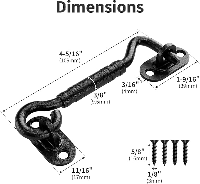 4'' Door Latch Door Lock Hardware, 4'' Stainless steels Hook and Eye Gate Latch Easy Lock for Barn Door, Black Sliding Door Lock with Screws for Window, Cabin Hooks