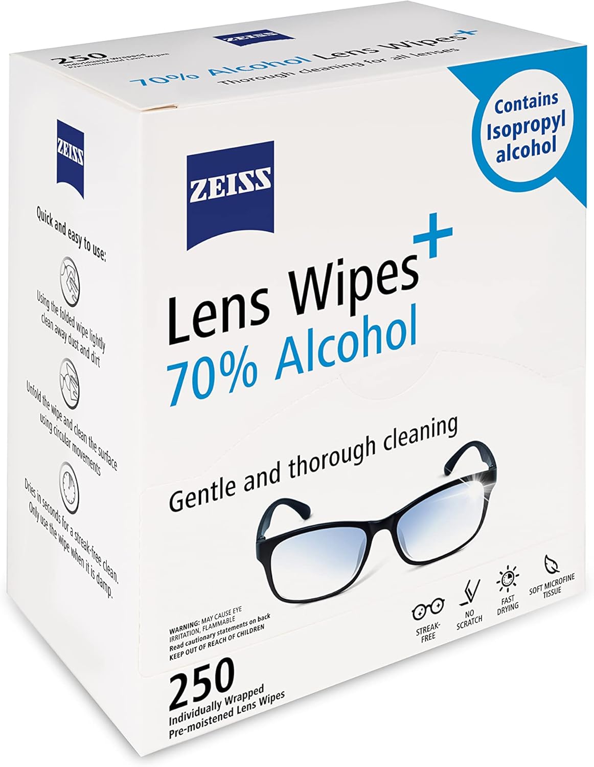 ZEISS Pre-Moistened Lens Cleaning Wipes with 70% Alcohol, 250 Count